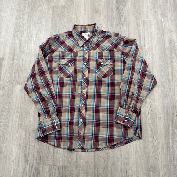 Vintage Wrangler Wrancher Shirt Men's 2XL XXL Red Tan Blue Snap Button Pearl 90s - Picture 1 of 7